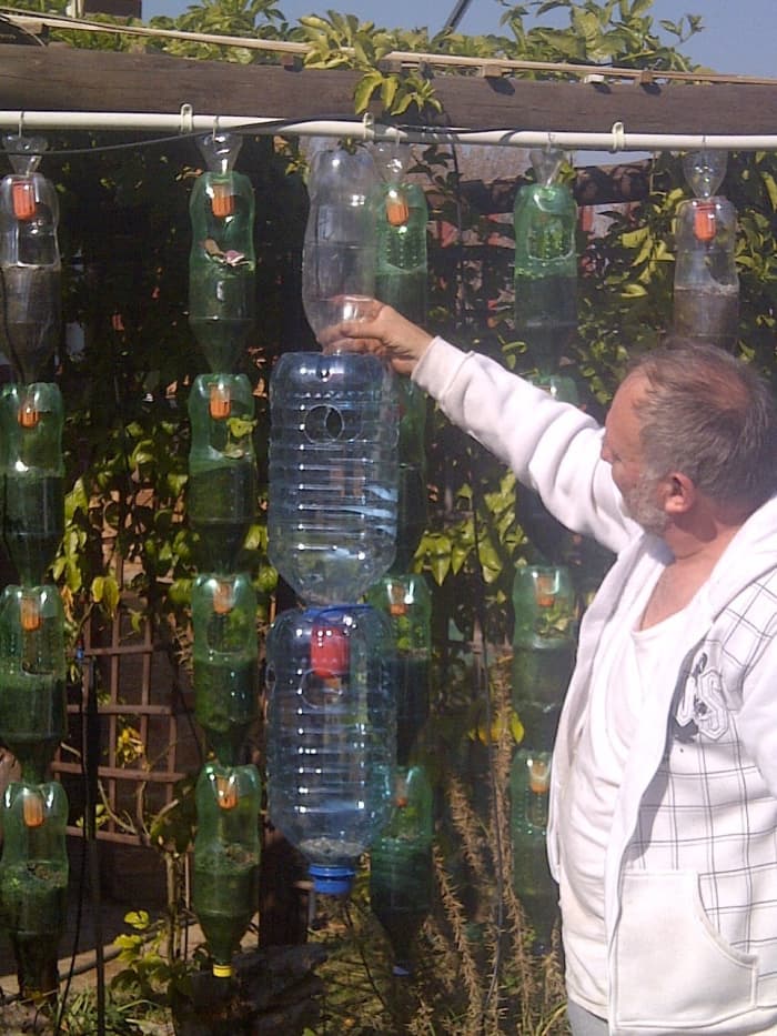Louis Fourie in the garden June 2013 holding up the strawberry farm. The bottles in the background are from the previous hanging garden.