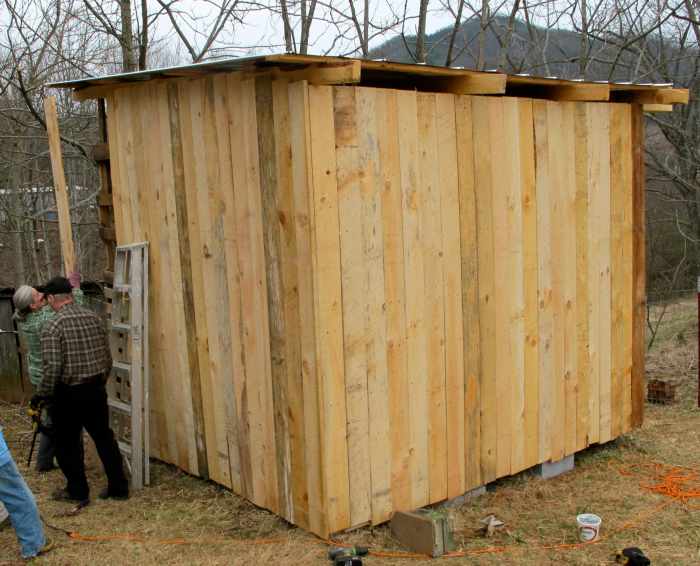 Our three-sided goat shelter, made out of free pallets and rough-sawn lumber