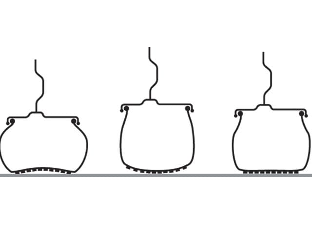 An illustration of tires with different pressures. From left to right: under inflated properly inflated, and over inflated tires.