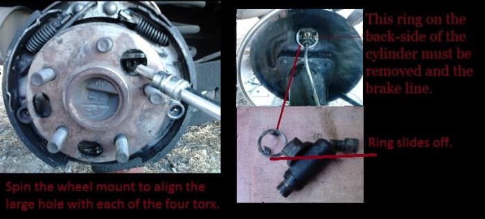 1. Spin the wheel mount to align the large hole with each of the four torx screws. 2. This ring on the back side of the cylinder must be removed along with the brake line. 3. The ring slides off.
