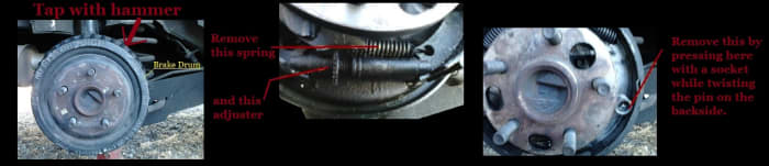 1. Tap the brake drum with a hammer. 2. Remove the spring and the adjuster. 3. Remove this by pressing here with a socket while twisting the pin on the backside.