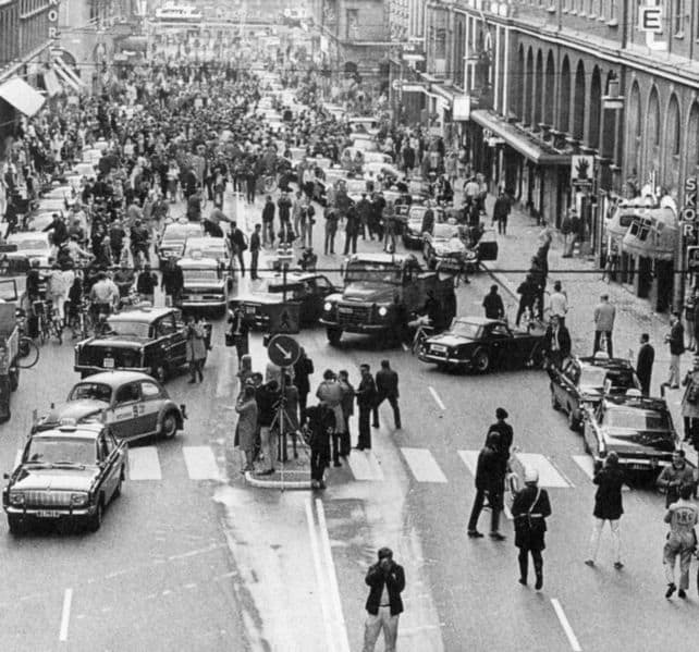 Chaos in Stockholm as the country switches from driving on the left to the right in 1967.