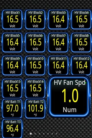 Screenshot of another dash I have set up just to display the voltages of individual blocks of battery cells in the high-voltage battery pack, along with a few temperature sensors and the speed of the high-voltage cooling fan.