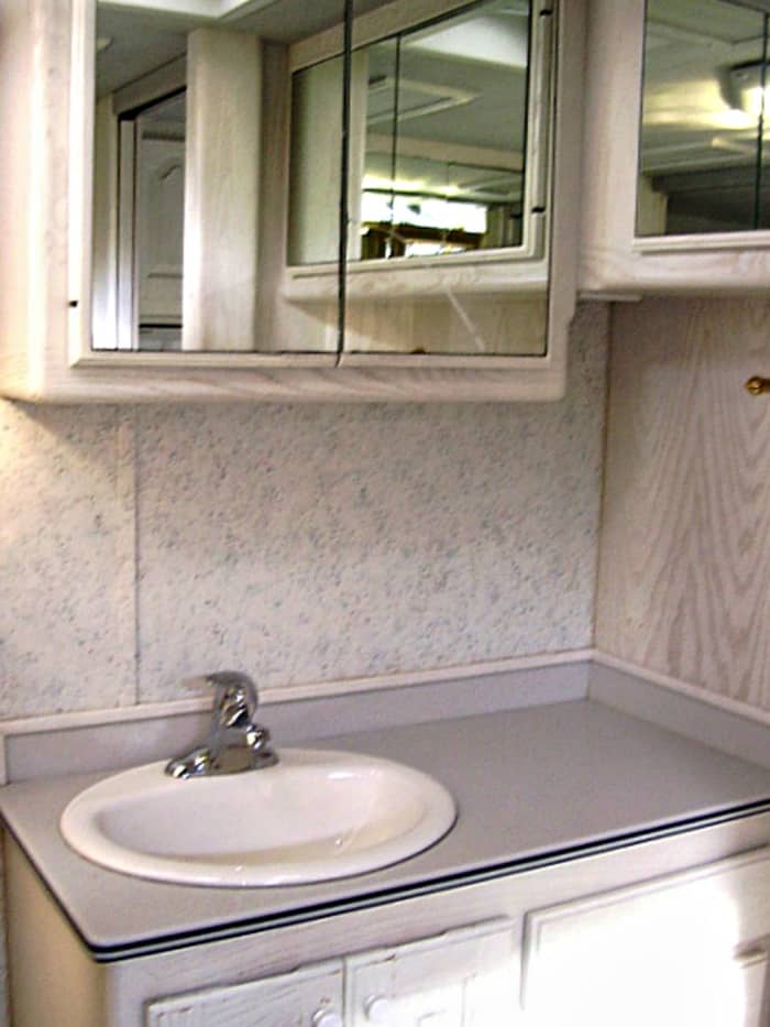 Some RVs like this Country Coach have bathroom sinks and counters that are ample. Others, not so much.
