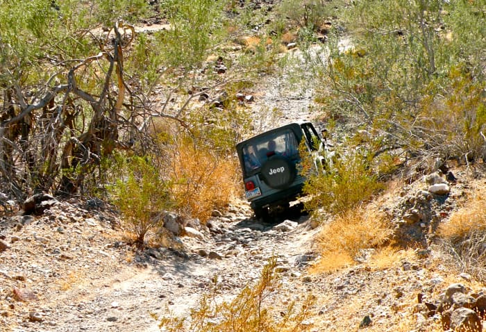 Exploring the 4WD roads near Imperial Dam—I got out of the jeep while my husband navigated this wash.