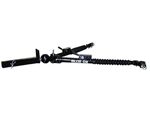 This is a 10,000-lb Blue Ox Aventa tow bar. This design of towing adapter is used with vehicles that have the standard square slide-in towing hitch designs. This hitch is used almost exclusively with motorhomes due to their high weights.