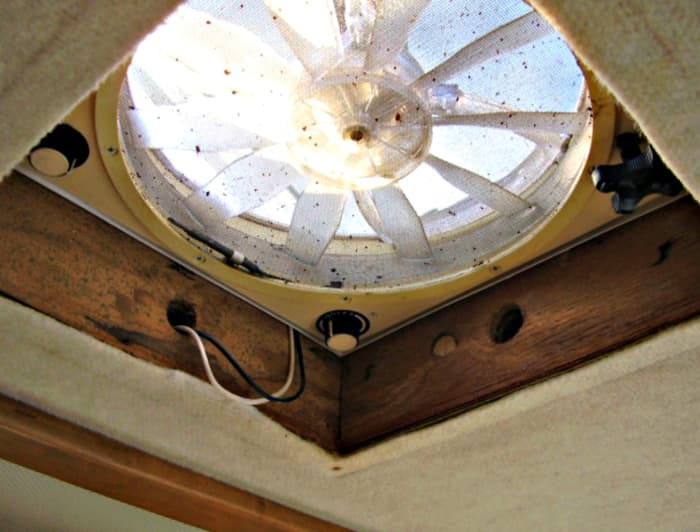 A water leak has caused wood rot beneath this fantastic fan that appeared only as a ceiling stain originally.