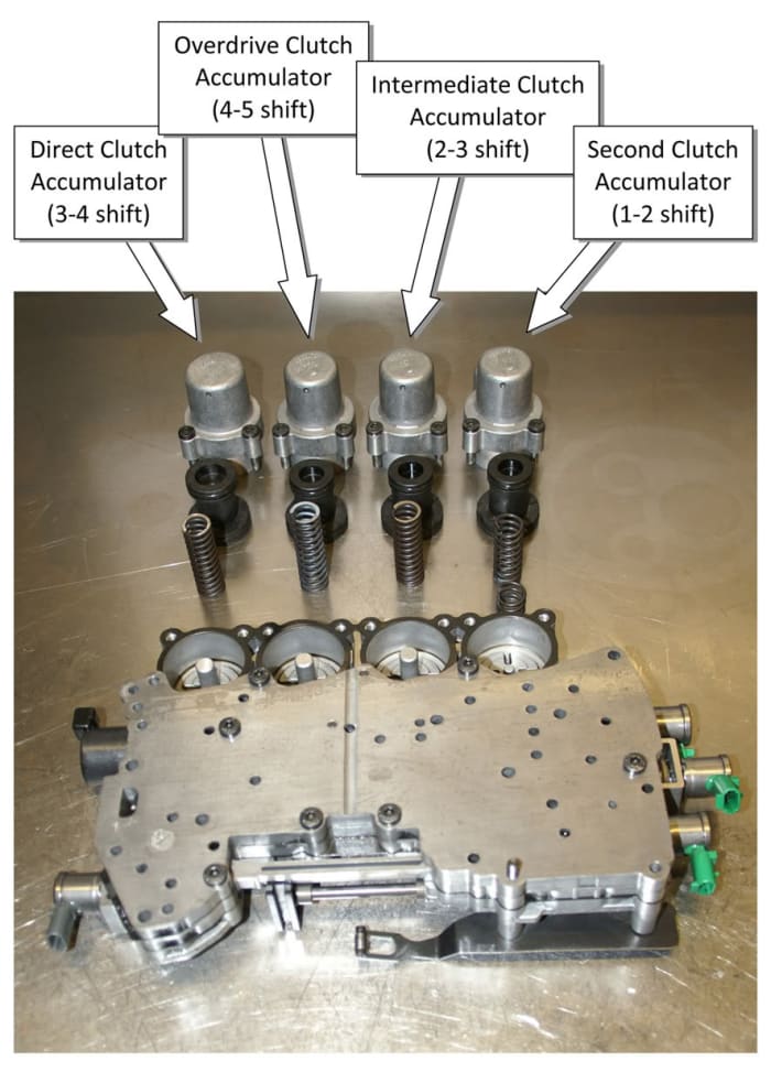 This picture shows the four accumulators removed from their housing. The accumulator spring on the far right has broken in two.