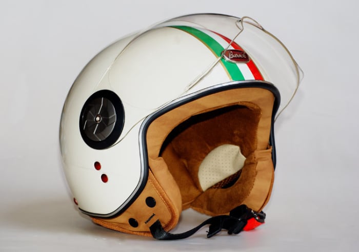 This is the kind of helmet you want to use while you learn to ride a scooter in Thailand: it covers the ears and has a transparent flip up visor