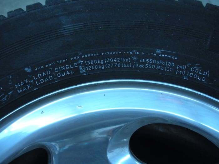 Maximum load data is also given on each tire. This applies to the entire weight being carried, including the vehicle itself.