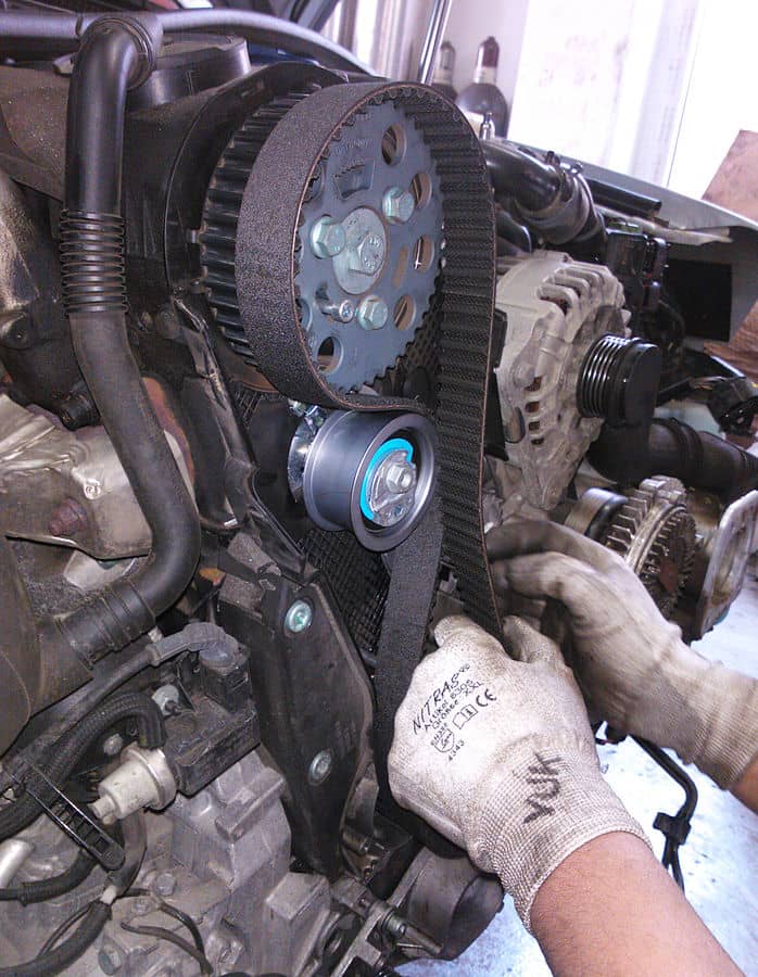 On belt-driven water pumps, like this timing belt, replace the belt at the schedule recommended by the manufacturer.