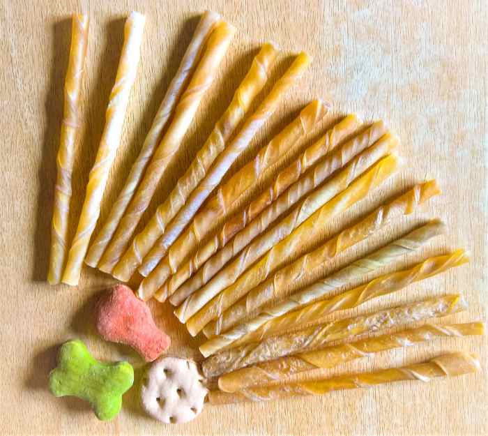 Many vets advise against giving your dog bones because they may splinter and damage gums or cause choking. Manufactured "chewy sticks" and dog cookies, like those shown above, are a safer option
