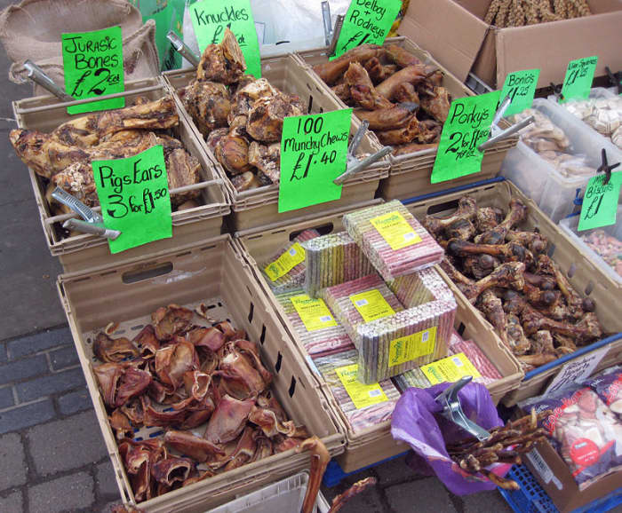 Many dog treats such as bones, antlers, rawhide and pigs' ears, are available from pet stores and markets but they may not be the healthiest options for your pet