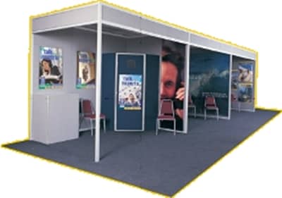 An example of' hardwall exhibit' or 'shell scheme', each compartment is a ready made trade show booth. All you supply is the graphics.
