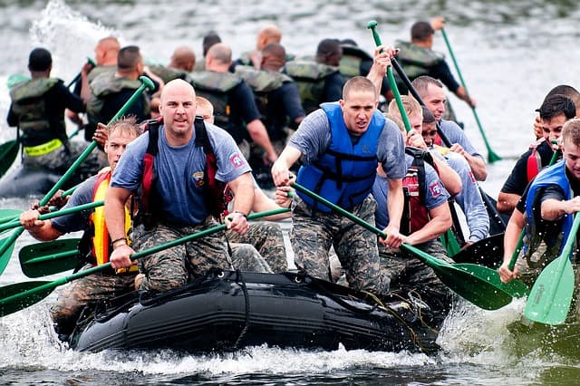 Teamwork is a skill that has to be practiced as a group. Military units rely on each other in life-and-death situations, intensifying feelings of camaraderie and interdependence.