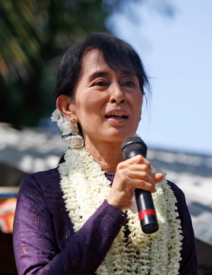 Aung San Suu Kyi speaks to supporters in Yangon, Myanmar, on 17 November 2011