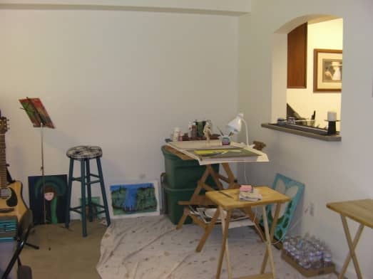 I'm loving apartment life. It is so much nicer than the old cabin I lived in before. Here's where I set up my art supplies.