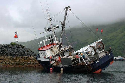 This U.S. Coast Guard photo illustrates how fishing crew fatigue caused the Defiant fishing vessel to run aground.