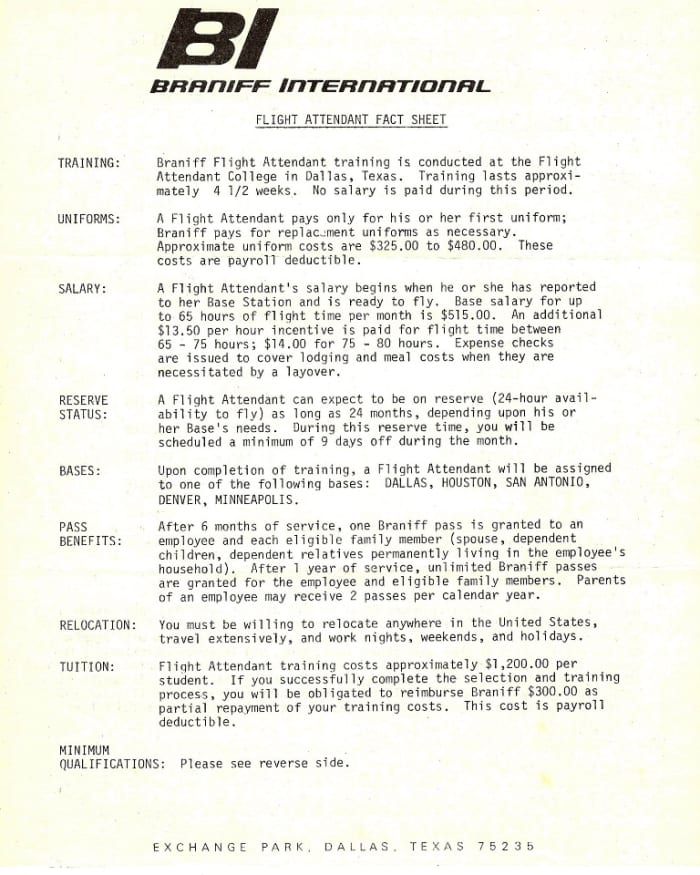 Braniff FAs would be required to reimburse the company for their first uniforms and partial training cost.