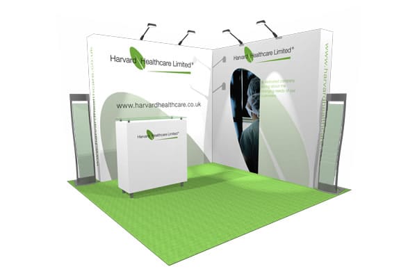 A pop up display booth for a corner position at an Exhibition. With two open sides, the booth can be approached from several directions for maximum impact.