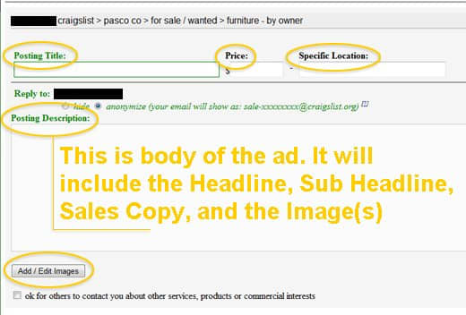 This is a screen shot of the primary ad creation interface you will use to create your ad. I have included orange highlights to help identify the elements we're discussing in this tutorial.