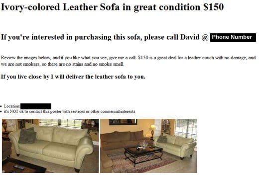 This is a screen shot of the completed ad, live on craigslist. I've blacked out some of the personally identifiable information.