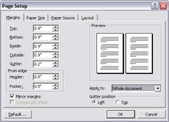 Screen image of my MS Word Page Setup. I prefer to use 0.9" for all margins. Almost 1 inch. Plus an extra half-inch for the header and footer to allow room for the headings and page numbers. Note how I also specified an extra 0.2" for the gutter.
