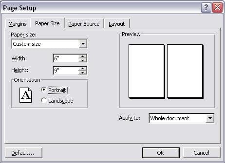 Screen image of my MS Word Page Size Settings. Distribution to bookstores and libraries can be done with a 6x9 sized book.