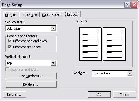 Screen image of my MS Word Page Layout Settings. See my explanation in this article why it's important to specify "different even and odd pages" and "different first page."