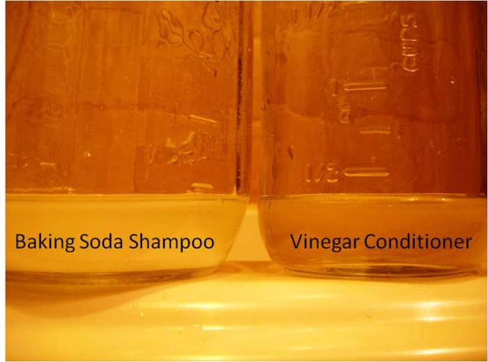 Use one part baking soda to five parts water to make shampoo. Use one part apple cider vinegar to five parts water to make conditioner.