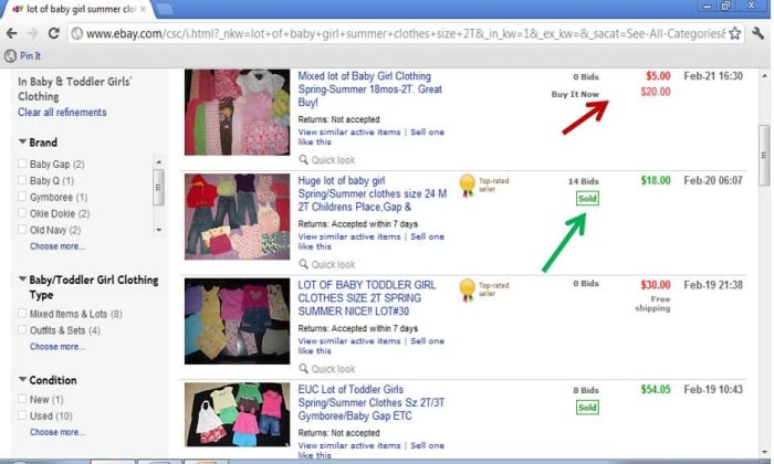 Completed Listings : The red arrow shows the item that did not sell. The green arrow shows the item that sold.