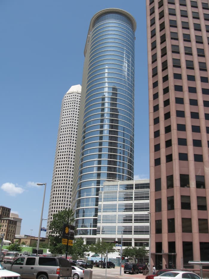 1500 Louisiana Street building, in Houston, TX. Built for Enron Corporation, whose execs are renowned perpetrators of one of the biggest business conspiracies ever. Never occupied by Enron, the building was purchased by Chevron.