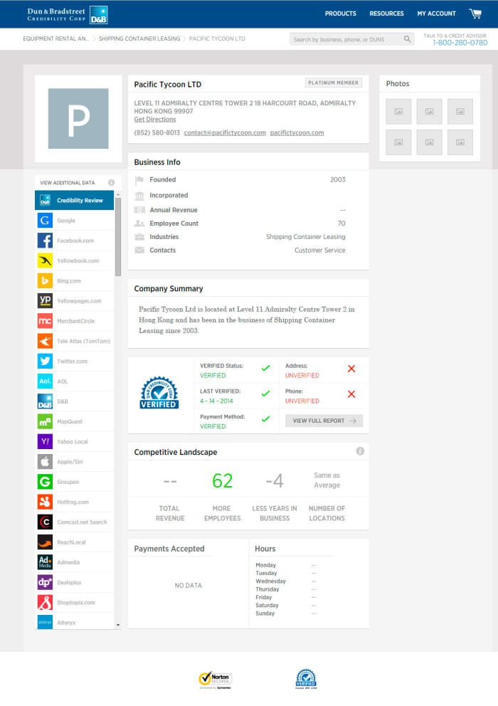 The Dun & Bradstreet Credibility Corp, where it states that the company was supposedly established in 2003. The address and phone number are unverified.