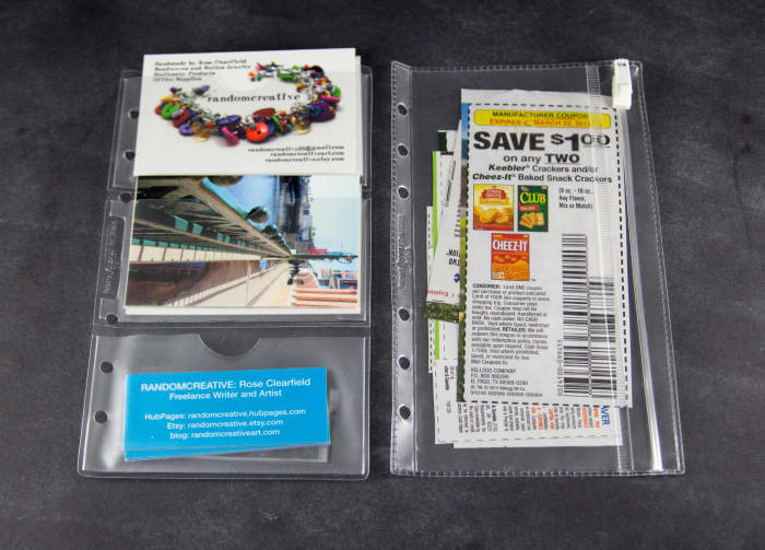 Business card holder on the left, Zip lock envelope on the right. Clear, top open envelope not pictured.