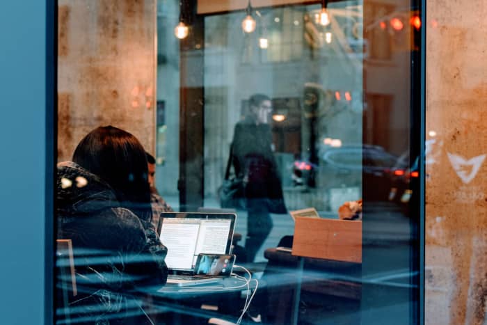 Coffee Shop Woman Working Online