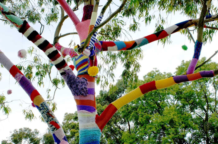 Birmingham in Stitches is a yearly yarn bombing event in which people knit and crochet covers and accessories for public "thing" like trees, cars, benches, and more.