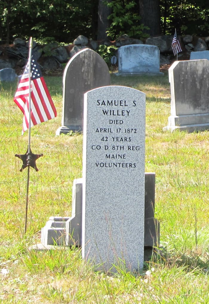 Visiting cemeteries is one way to collect family history. A grave for a Civil War soldier in New England - Samuel S. Wiley. He died April 17, 1872. He served in Company D, 8th Regiment Maine Volunteers.