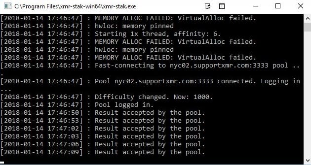 XMR-Stak Miner in operation. When XMR-Stak is successfully mining you should begin seeing messages that state "Result accepted by the pool" from the client.