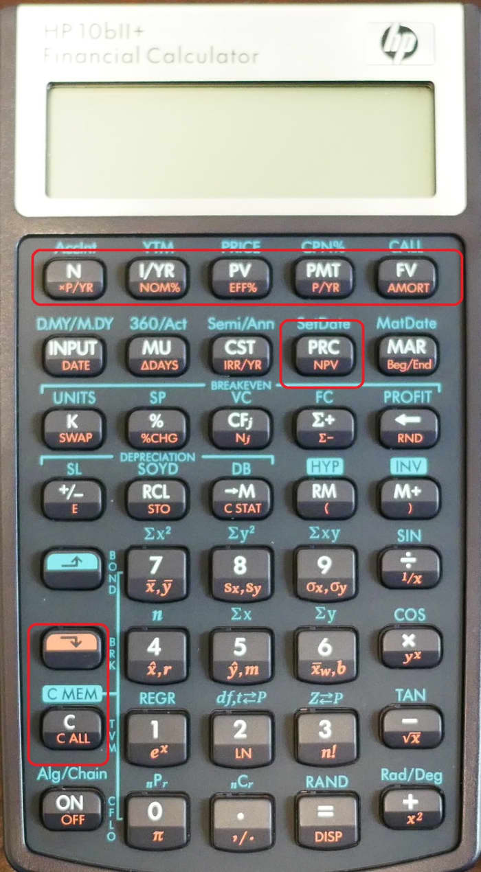 NPV calculation formula as well as the NFV calculation can be made with a calculator. This photo of an HP 10bII+ Calculator shows the exact buttons that are used to calculate NFV and NPV.