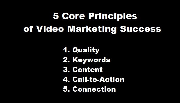 The five essential principles of video marketing success are quality, keywords, content, call-to-action, and connection
