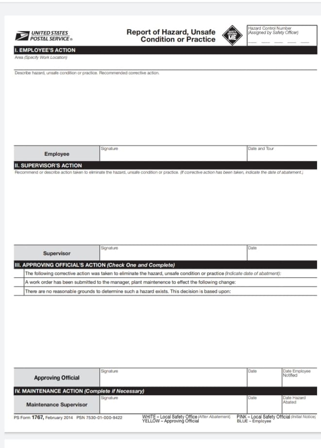 PS Form 1767 can be used to report unsafe working conditions in your Post Office. Get it via the link below.