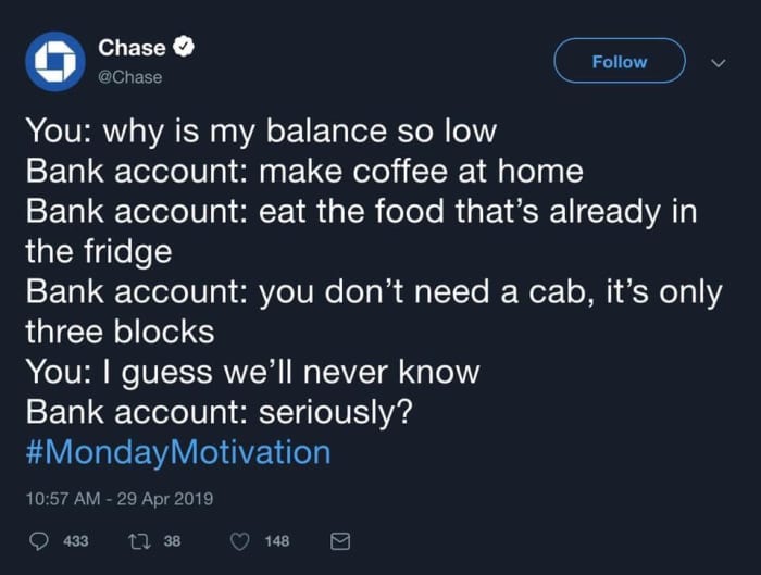 Chase Bank showed an astounding lack of self awareness—chiding people for not saving their money after requiring a substantial taxpayer bailout.