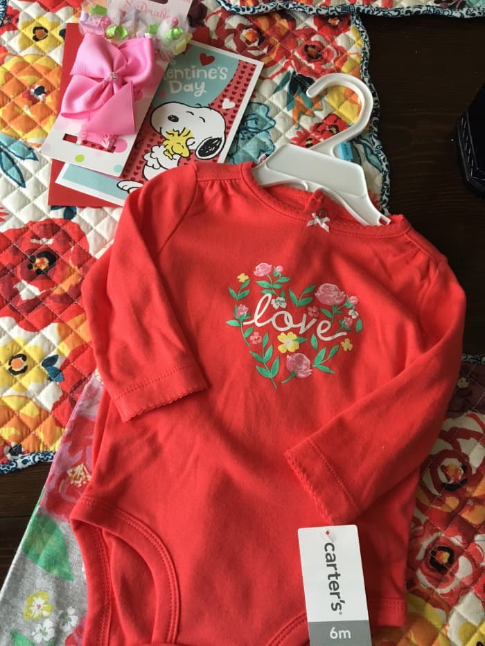 Super cute outfit (long-sleeve shirt and pants) off the clearance rack, mostly paid for with my $5 rewards money!