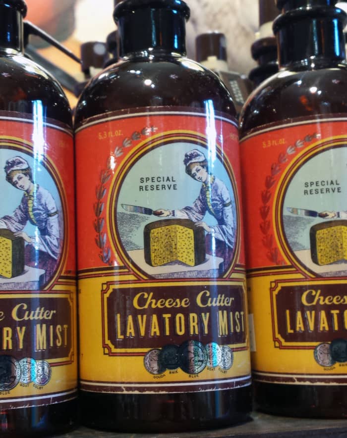 One find from a recent thrift/antique store outing. Who DOESN'T want some Cheese Cutter Lavatory Mist?