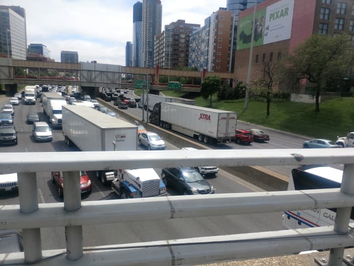 The Kennedy I-90 has direct entrance/exit ramp access to 6 of the 10 best rideshare locales (view from Fulton Street).
