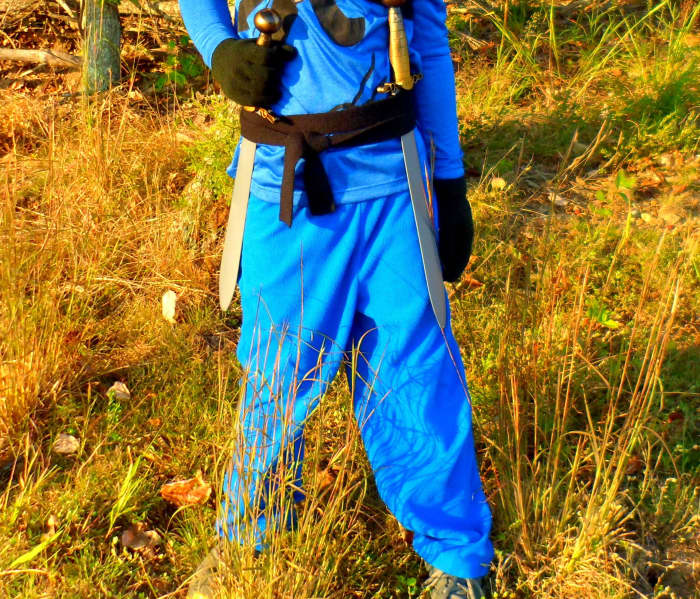 Blue pants, a black belt and gloves, and a weapon of your choice complete this costume.