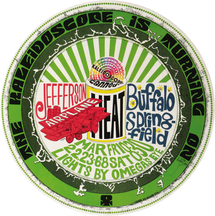 Jefferson Airplane, Canned Heat and Buffalo Springfield The Kaleidoscope Club Concert Poster 1968 Vintage Round Concert Poster Pop Art