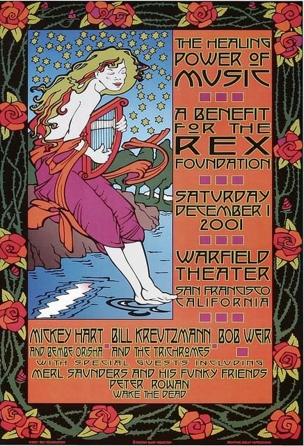 The Rex Foundation Poster, 2001 show at the Warfield Theater presented Micky Hart, Bill Kreutzmann and Bob Weir along with Merl Saunders, Peter Rowan and other friends of the band in a benefit for the Rex Foundation.