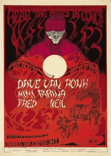 Dave Van Ronk, Mimi Farina, Fred Neil Hear the Seers in Concert Berkeley Concert Poster 1967 Poster Art and Graphic Design by Greg Irons Vintage Pop Art
