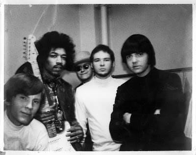 (left to right): Keyboardist Tom Moore, Jimi Hendrix, Bassist Don Summers, guitarist and lead singer Billy Gibbons, and drummer Dan Mitchell. Photographer unknown.